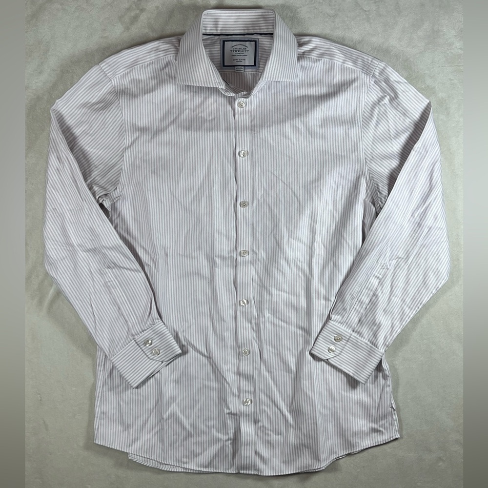 Charles Tyrwhitt 16.5 / 33 Extra Slim Fit Light Gray Striped Dress Shirt No Iron